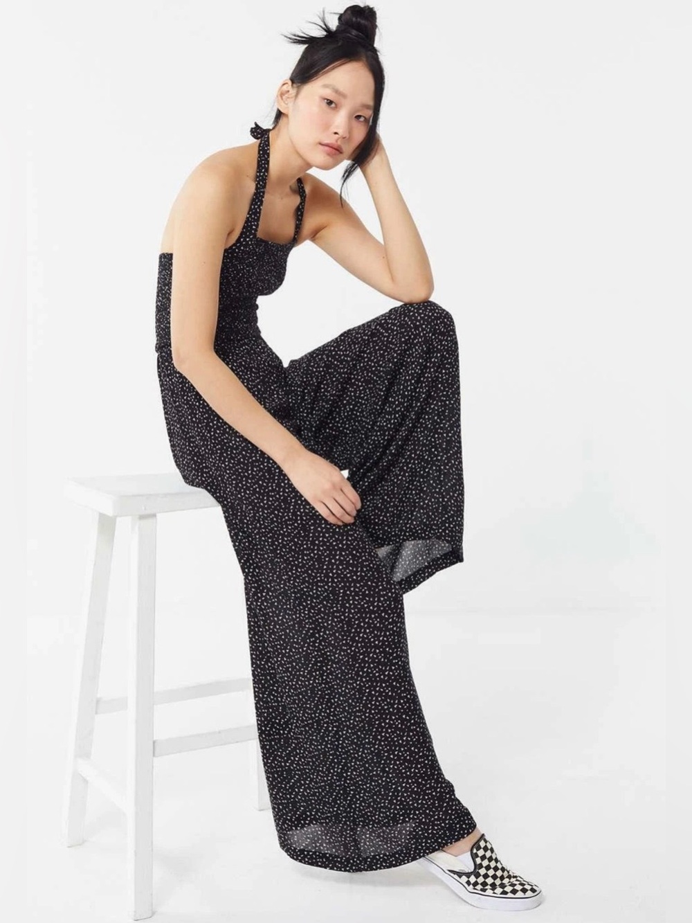 Urban Outfitters Wide Leg Smocked Halter Jumpsuit Black XS